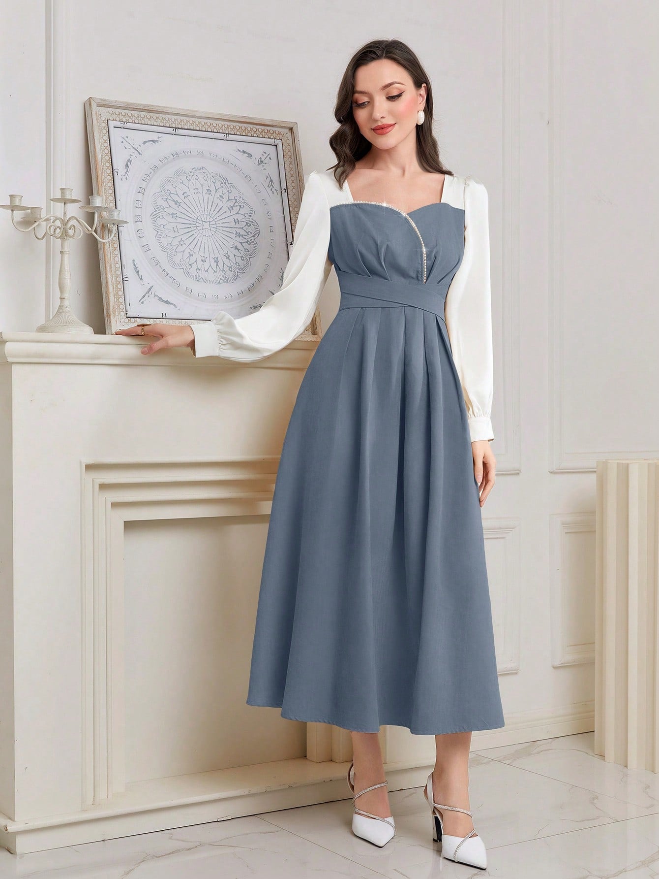 Sparkling Elegance: Women's Color Block Sequin Puff Sleeve Dress