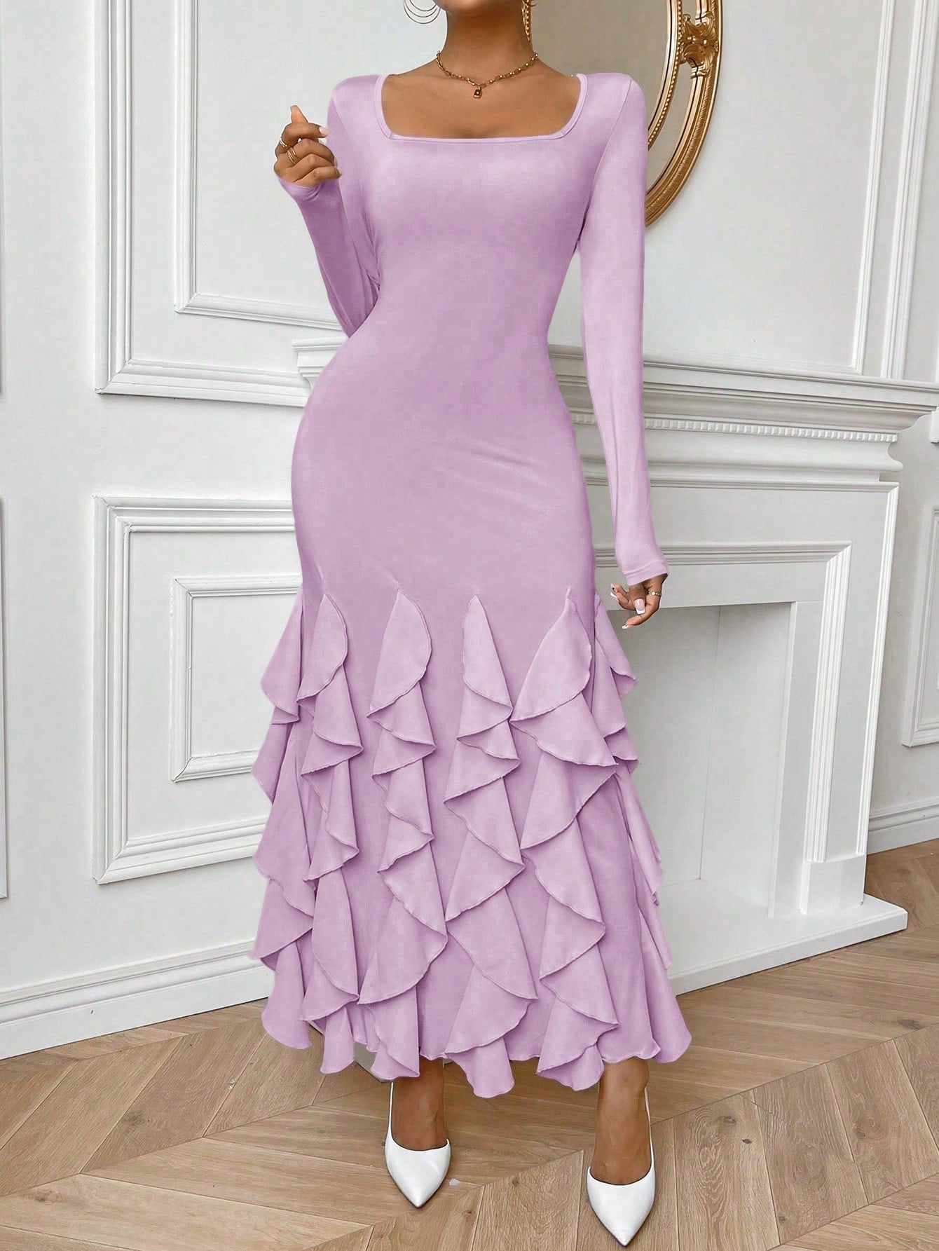 Chic Sophistication: Solid Color Frill Trim Fish Tail Bodycon Dress