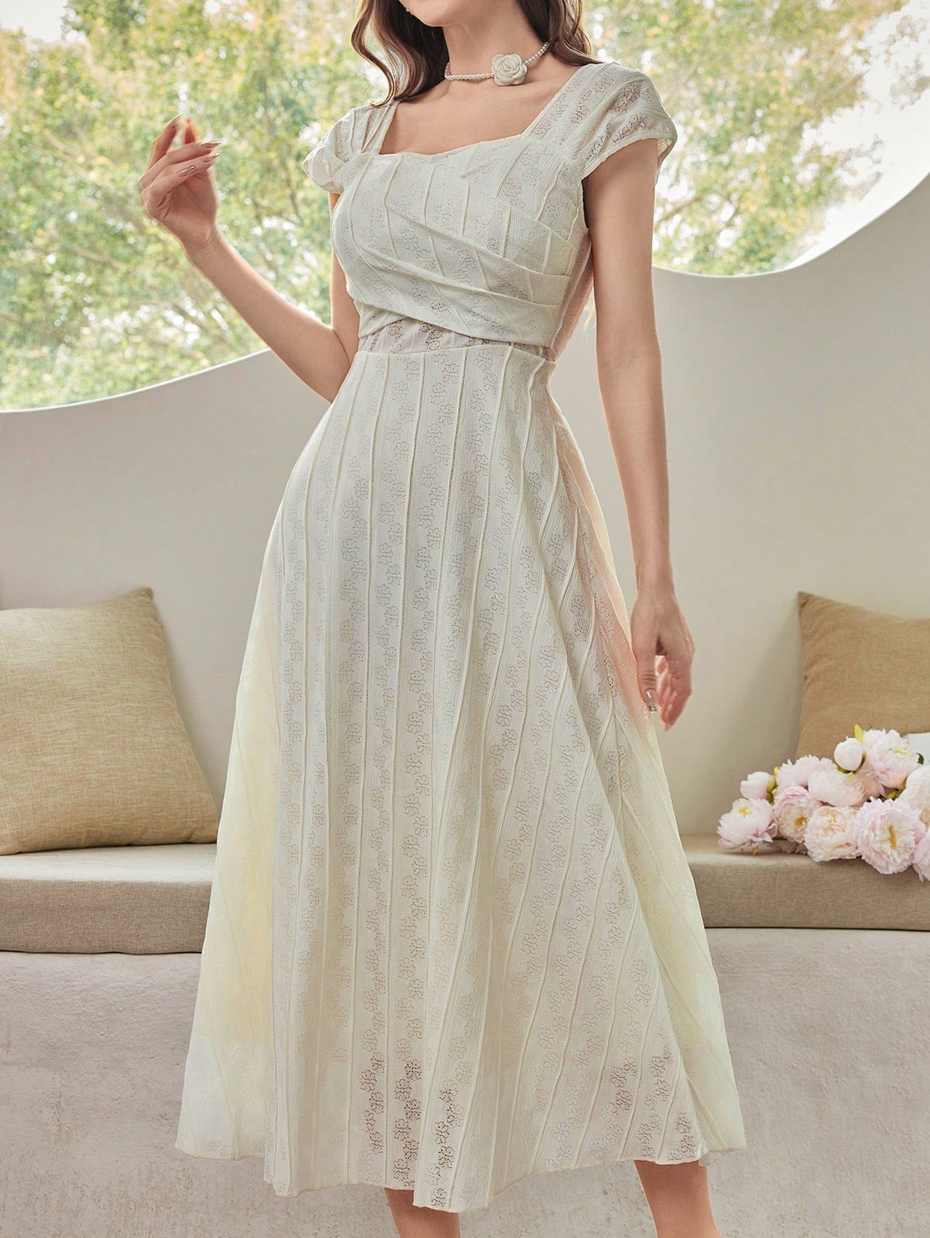 Elegant Summer Chic: Women's Square Neckline Cap Sleeve Long Dress