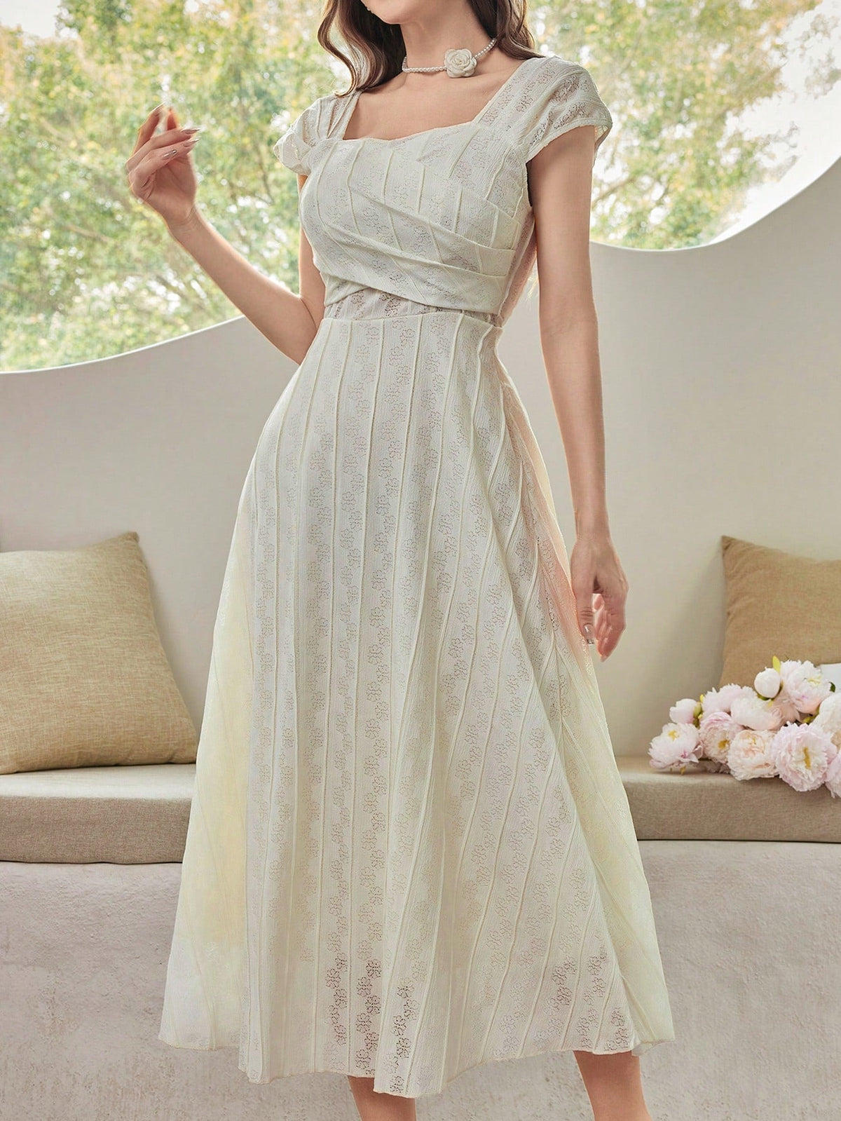 Elegant Summer Chic: Women's Square Neckline Cap Sleeve Long Dress