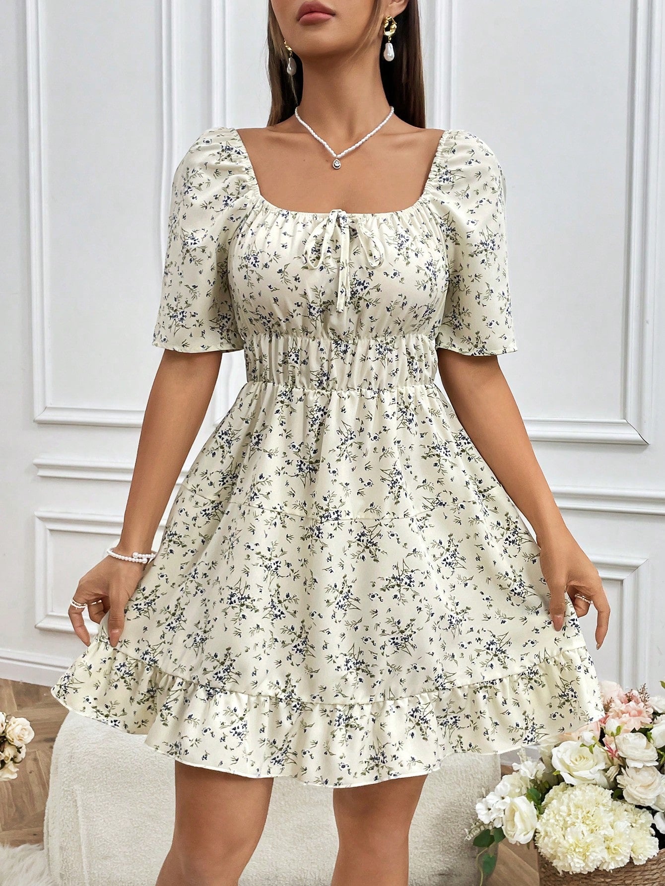 Floral Square Neck Sleeve Dress: Embrace Spring with Style