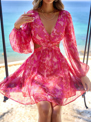 Floral Fantasy: Long Sleeve V-Neck Dress for a Stylish Spring and Summer Vacation