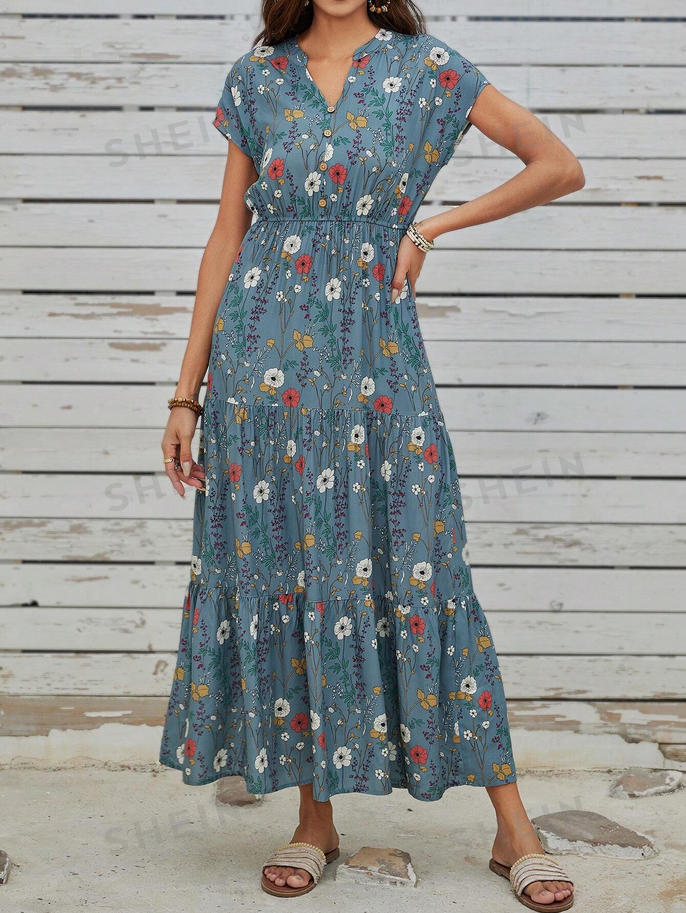 Floral Dream: Ladies Spring Dress with Wooden Button and Belt