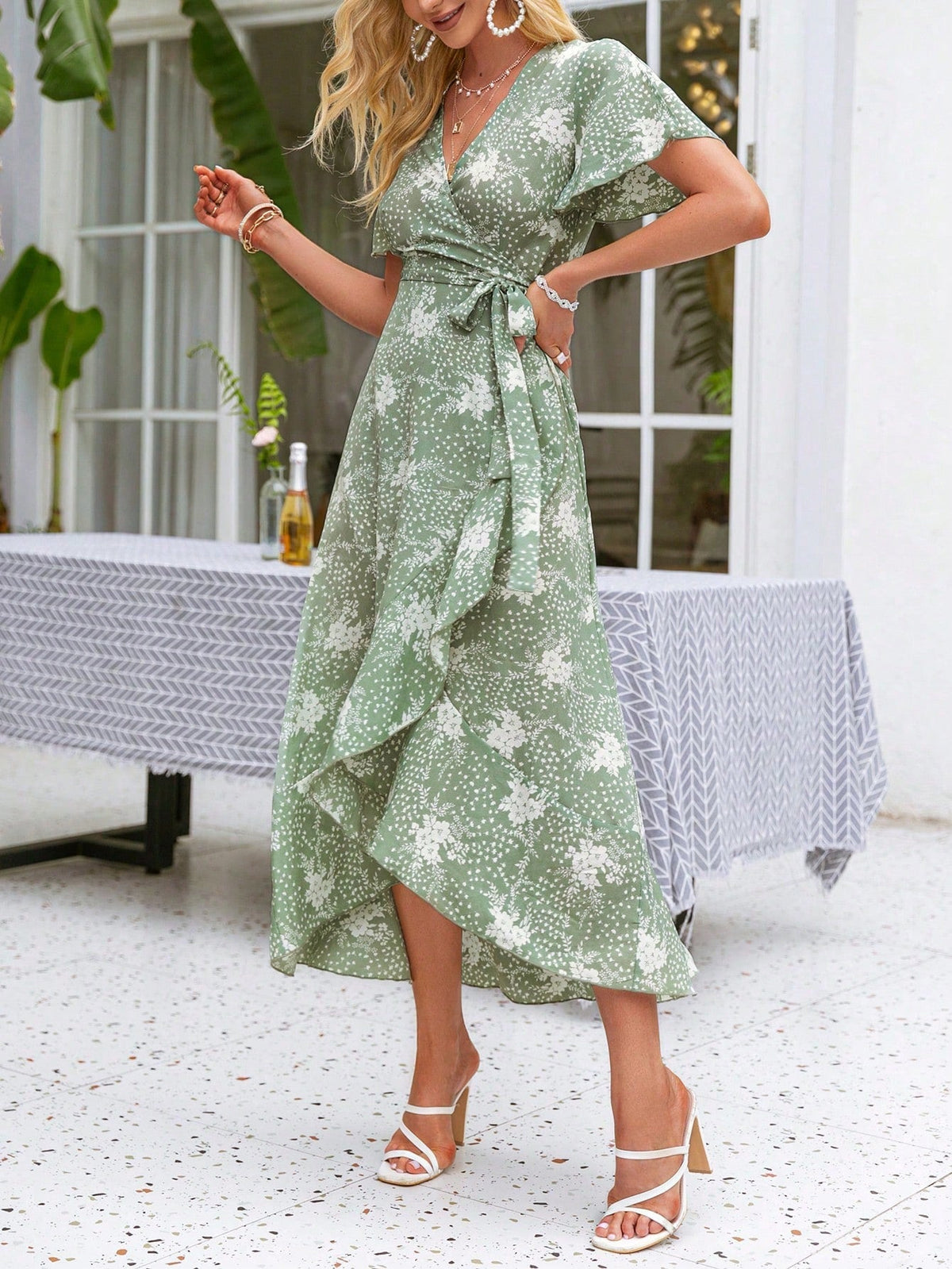 Floral Elegance: Simple Slit Bell Sleeve Ruffle Wrap Dress