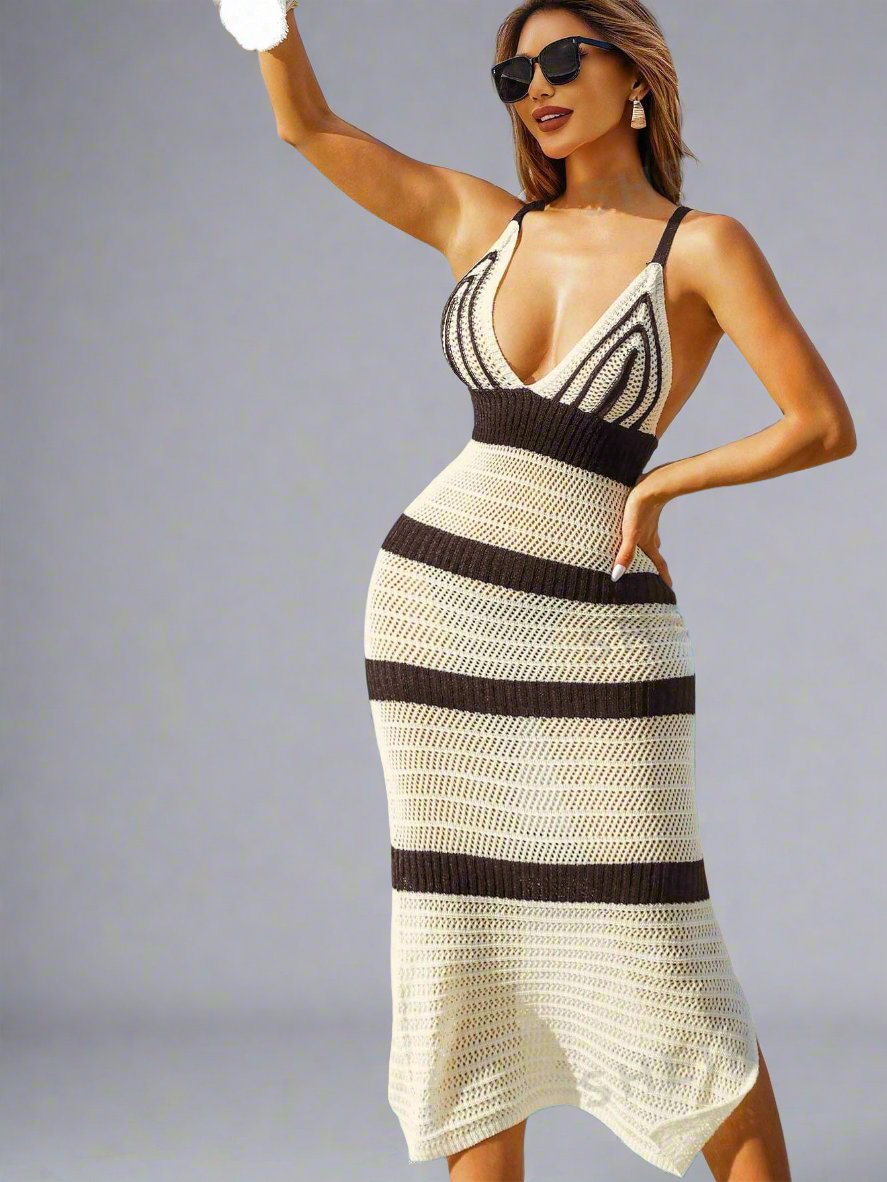 Women's Deep V-Neck Cross Back Beach Dress