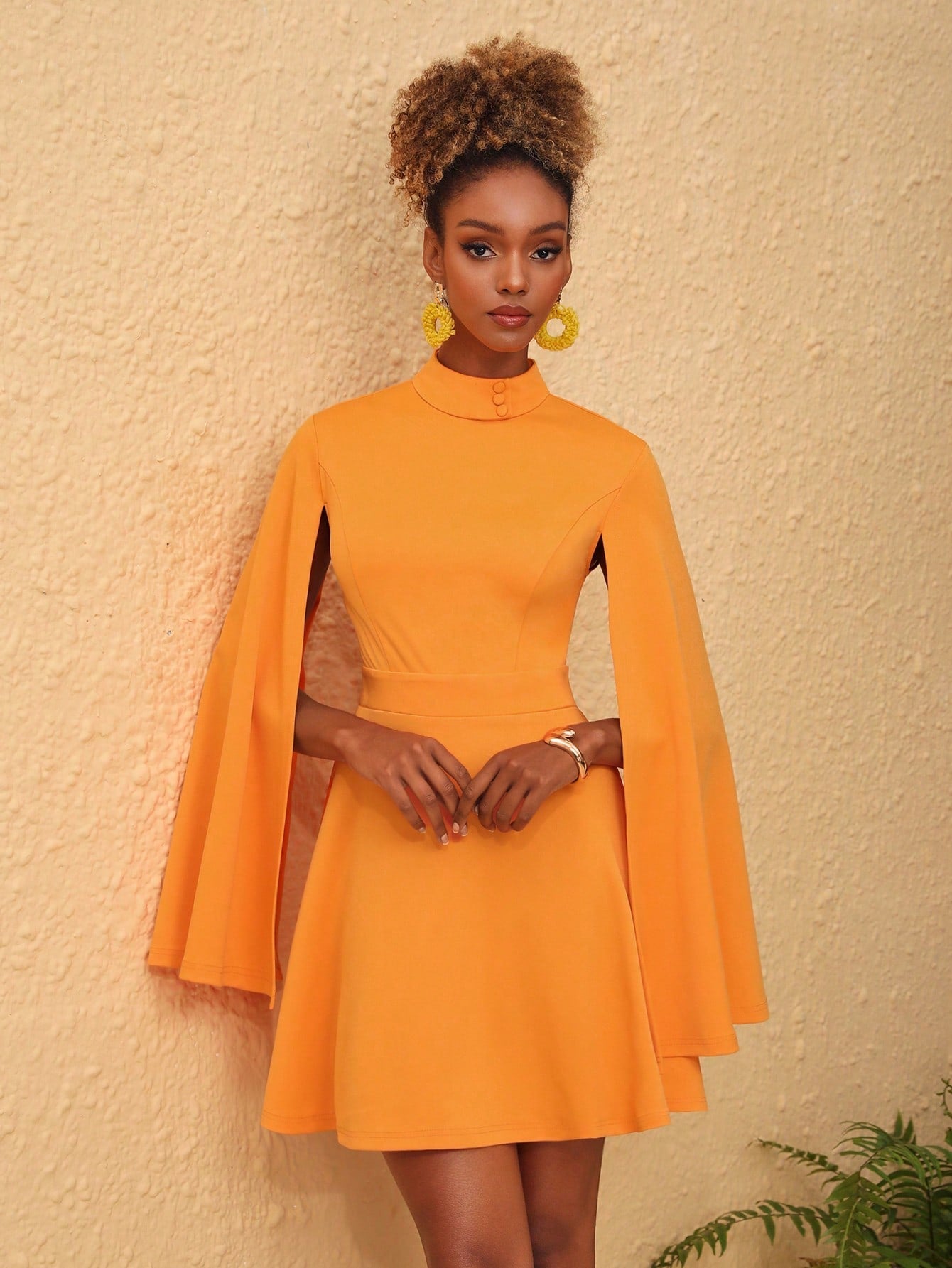 Enchanted Elegance: High Neck Mini Dress with Cloak Sleeves