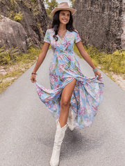 Colorful Floral Printed High-Waisted Slit Dress: The Perfect Spring Look