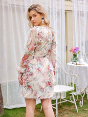Floral Pattern Print Lantern Sleeve Women's V-Neck Dress: A Flirty Ruffle Hem Delight