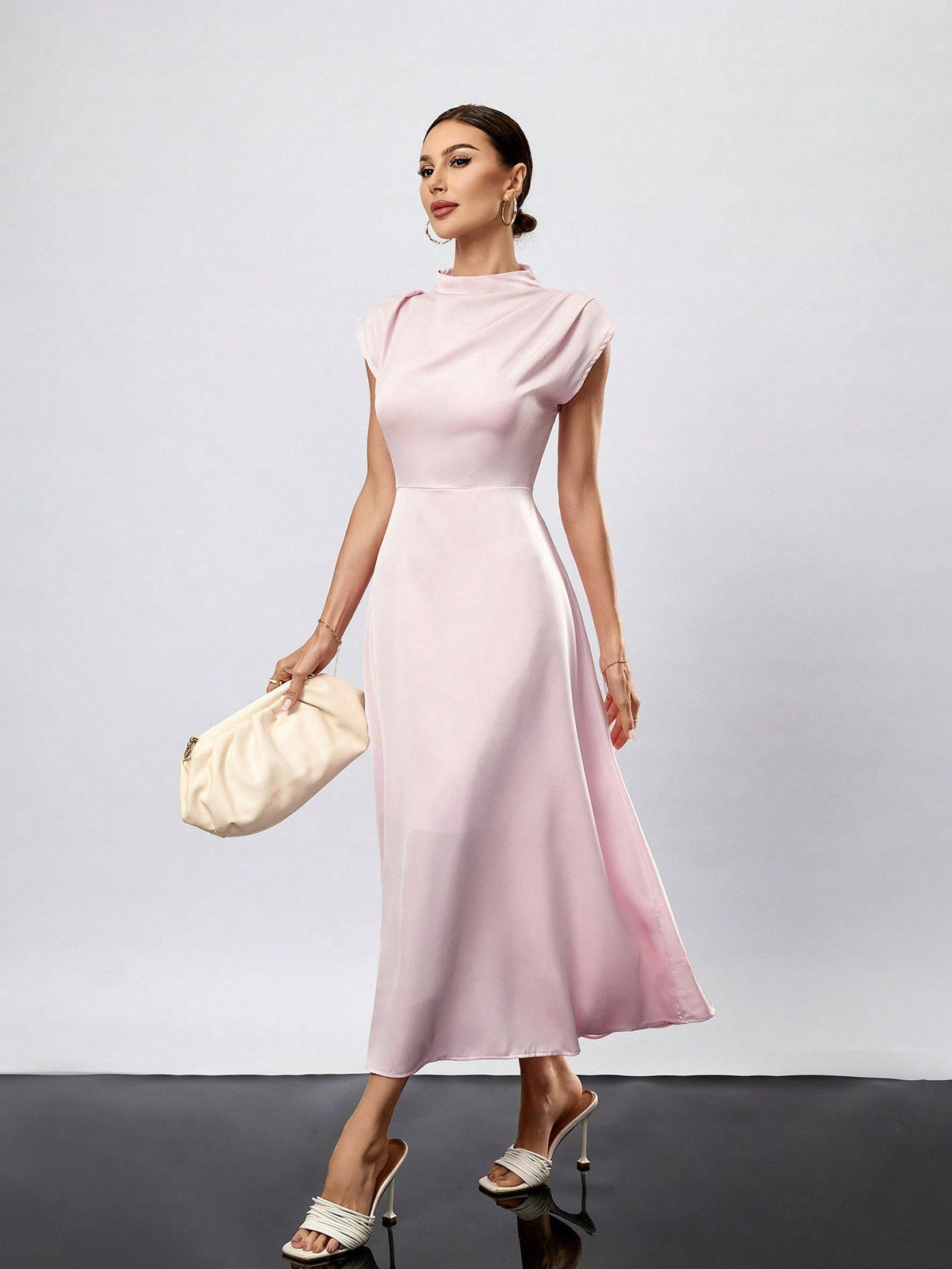 Pink Perfection: Solid Color Simple Half High Collar Dress for Women