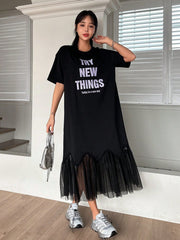 Chic and Stylish: Letter Print Mesh Patchwork Short Sleeve Dress