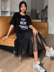 Chic and Stylish: Letter Print Mesh Patchwork Short Sleeve Dress