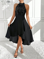 Shimmering Stardust Sequined Halter Dress - Perfect for Semi-Formal Occasions