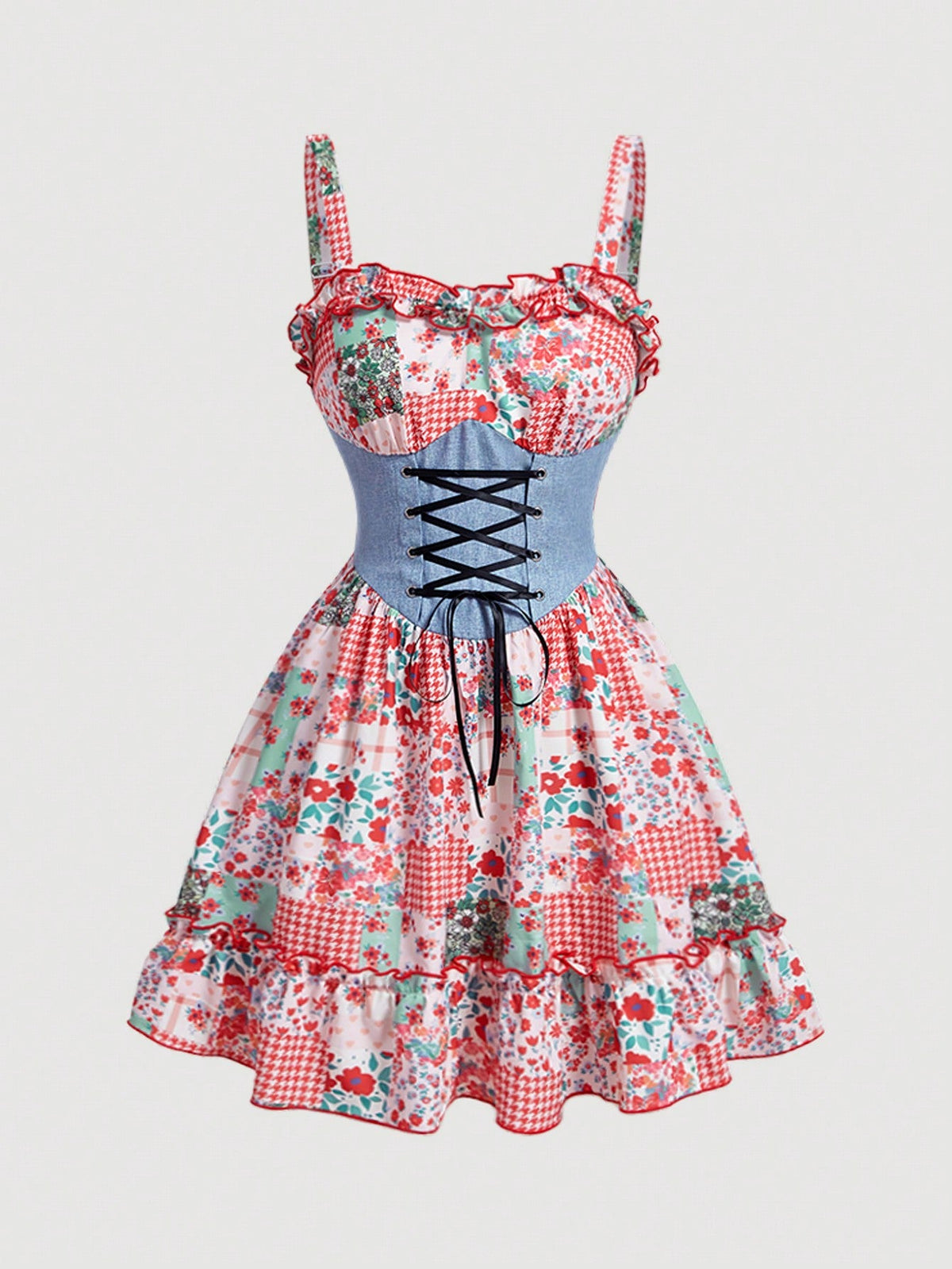 Countryside Charm: Patchwork Print Color Blocking Waist Tie Mini Dress