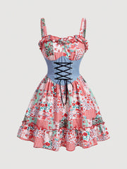 Countryside Charm: Patchwork Print Color Blocking Waist Tie Mini Dress