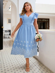 Summer Plus Size Floral Embroidery Splice Ruffle Hem V-Neck Dress For Women
