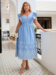 Summer Plus Size Floral Embroidery Splice Ruffle Hem V-Neck Dress For Women