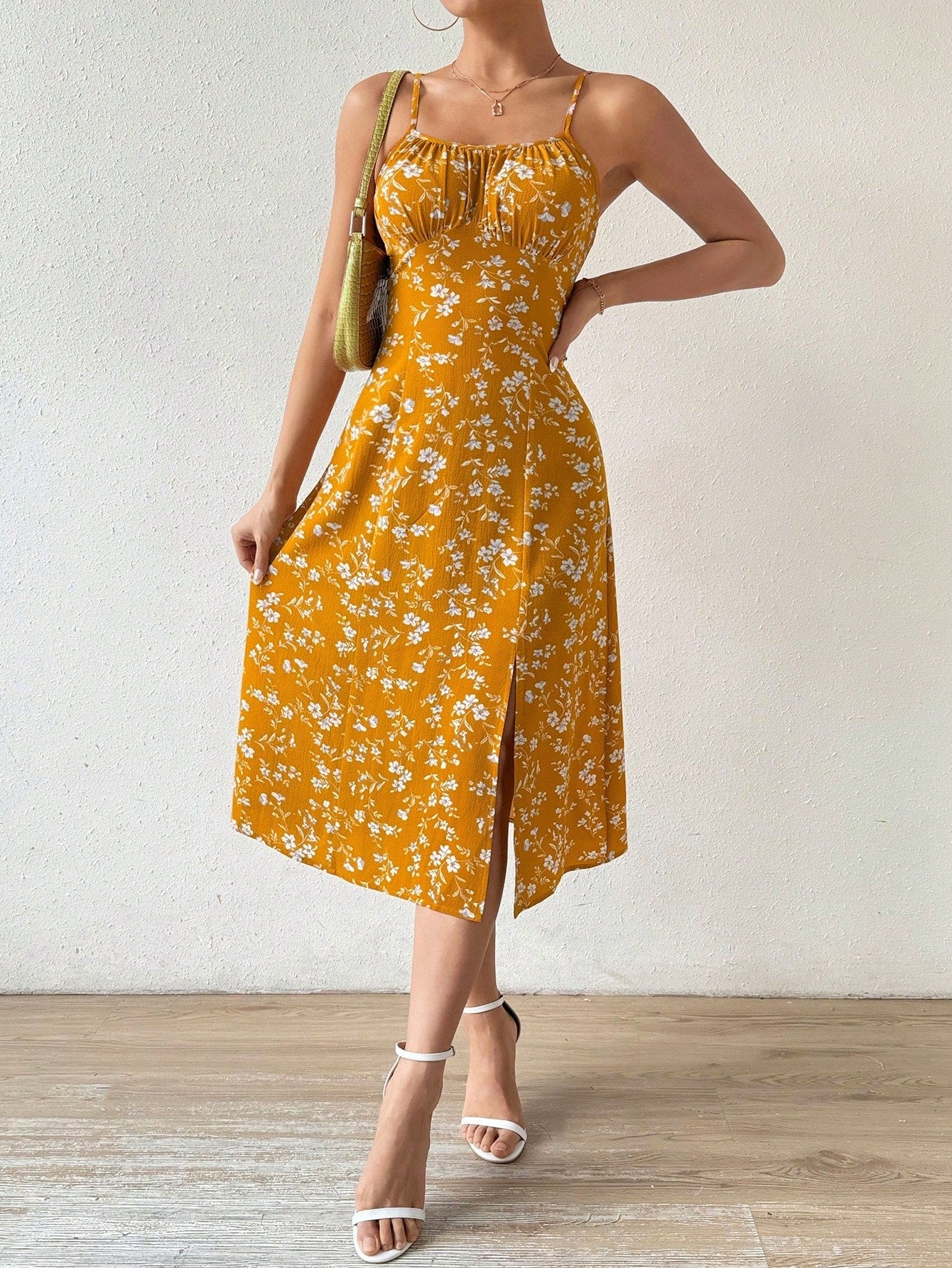 Floral Essence: Spaghetti Strap Dress with Slit Hem