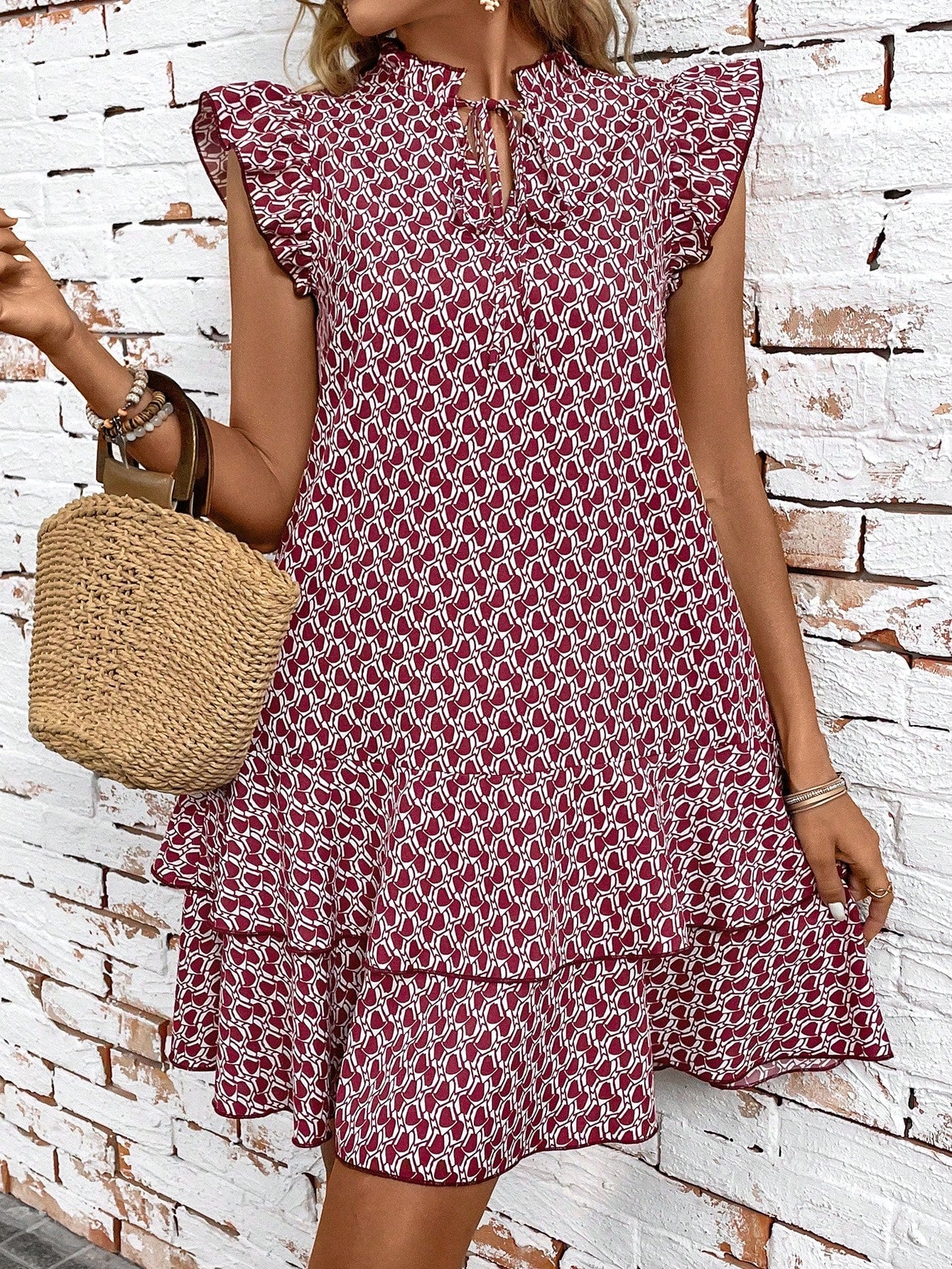 Geometric Summer Chic: Women's Tie Collar Ruffle Hem Dress