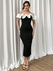 Elegant Contrast: Women's One Shoulder Black and White Ruffled Long Dress