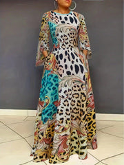 Wild Spring Style: Leopard and Plant Printed Flare Sleeve Belted Dress