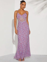 Summer Blooms: Floral Print Lace Panel Maxi Cami Dress