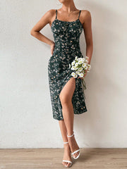 Floral Essence: Spaghetti Strap Dress with Slit Hem
