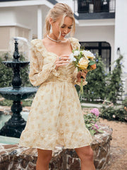 Chic and Floral: Long Sleeve Embroidered Dress with Waist Tie for Women