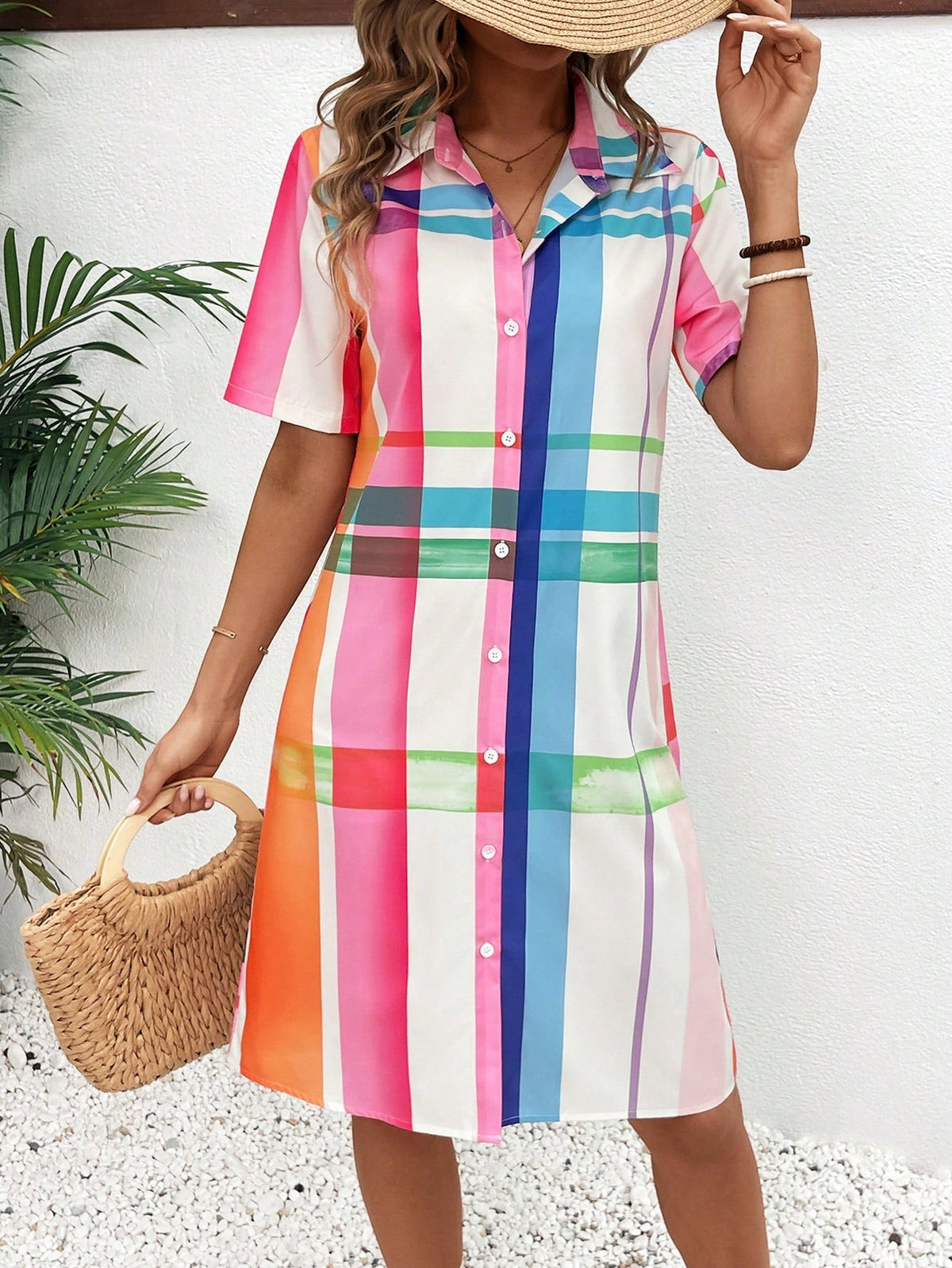 Summer Vibes: Colorful Plaid Button Front Shirt Dress