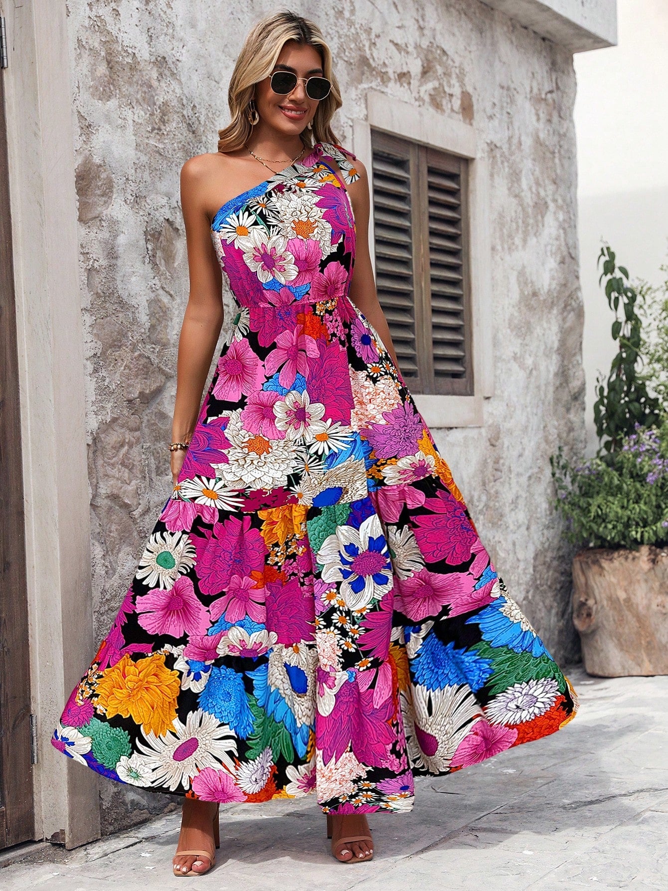 Spring Fling: Floral Print Asymmetric Collar Dress