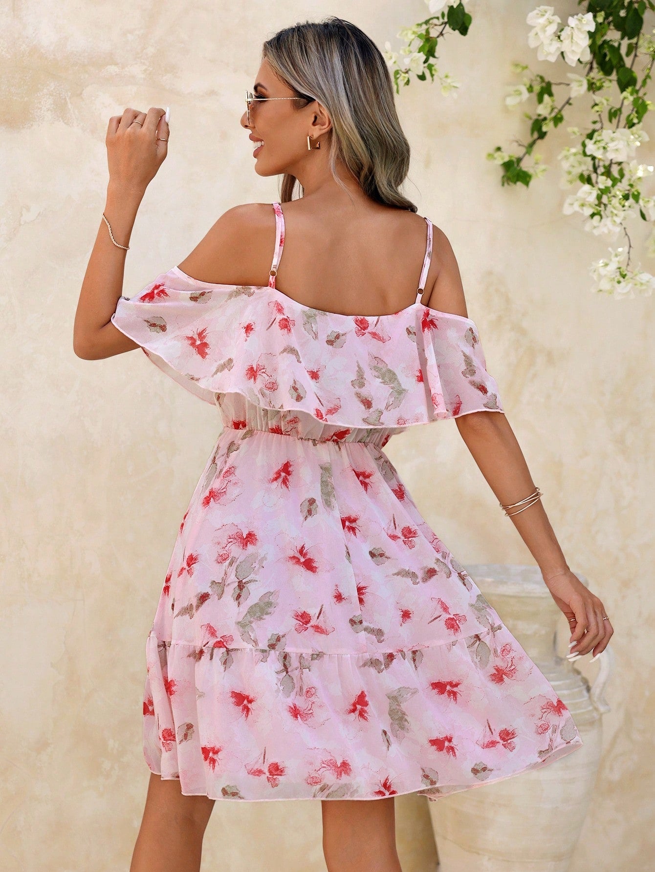Romantic Flower Printed Off-The-Shoulder Ruffle Strap Summer Dress