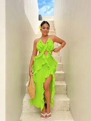 Ravishing Ruffles: Holiday Sexy Style Halter Neck Dress with High Split Hemline
