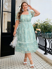 Summer Plus Size Green Flower Print Mesh Lace Bubble Sleeve Dress For Women