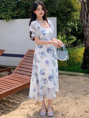 Nice Dreams: Summer Floral Printed Square Neck Short Sleeve Dress