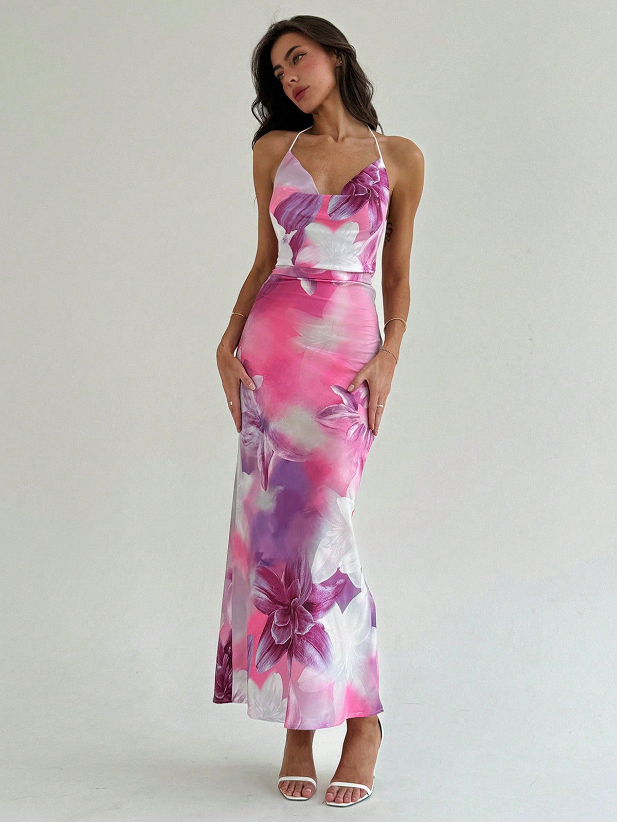 Floral Elegance: Stunning Cowl Neck Backless Dress