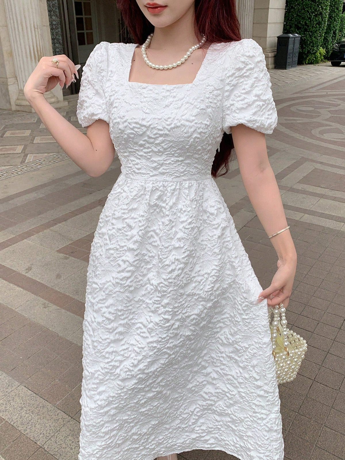 Floral Dream: Women's White Square Neck Short Sleeve Dress