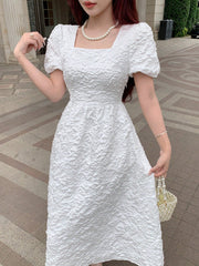 Floral Dream: Women's White Square Neck Short Sleeve Dress