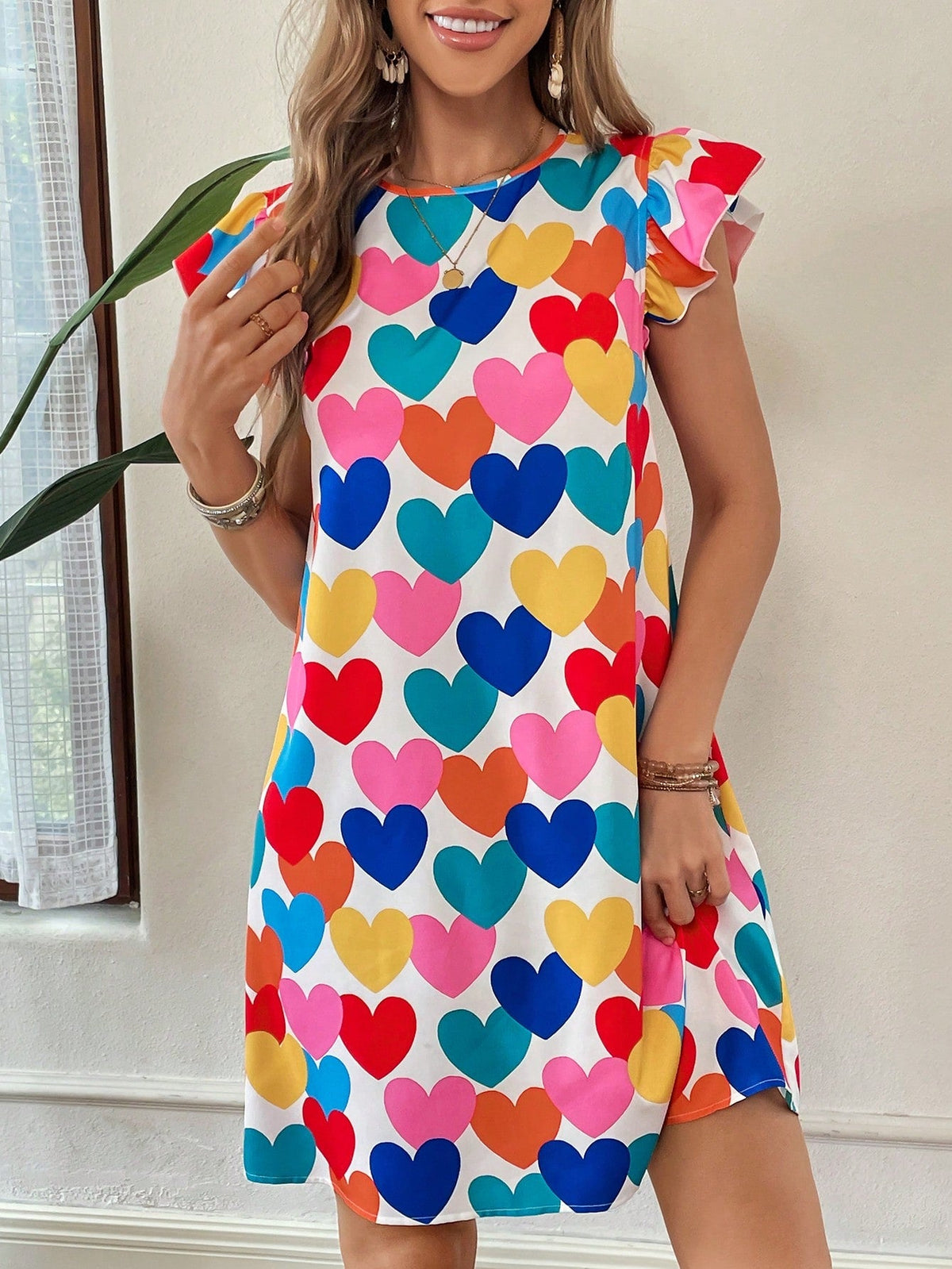 Essence of Love: Colorful Heart All-Over Printed Dress for Mother's Day Outfit