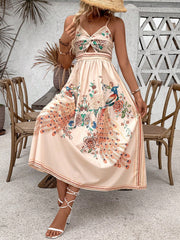 Peacock Paradise: Women's Vintage Style Strappy Dress
