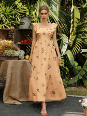 Frenchy Floral Fantasy: Women's Plant Printed Elegant Vacation Dress