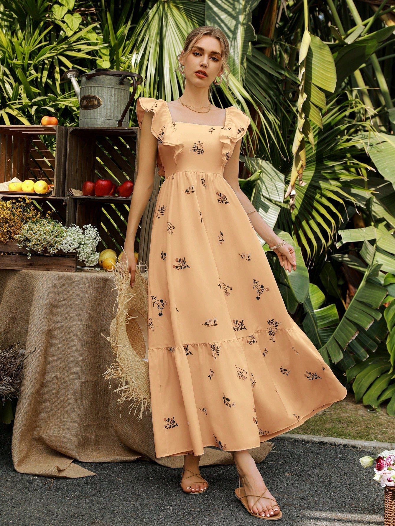 Frenchy Floral Fantasy: Women's Plant Printed Elegant Vacation Dress
