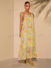 Stylish Summer Vibes: Pleated Print Tie-Strap Dress