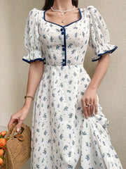 Floral Charm: Women's Sweetheart Neckline Ruffled Sleeve Dress