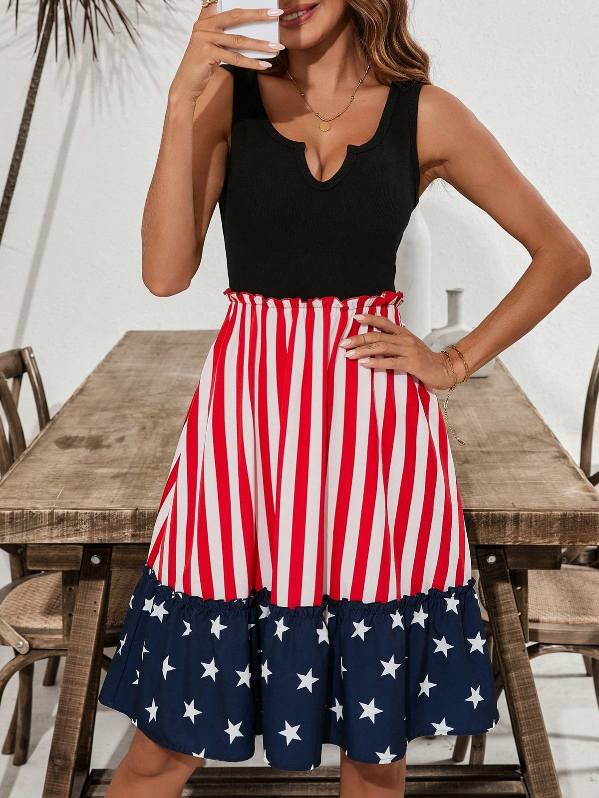 Independence Day Chic: Clasi Patchwork Flag Print Ruffle Pleated Women's Dress