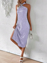 Chic Elegance: Classic Solid Color Jacquard Twist Halter Neck Dress With High Side Slit