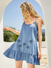 Vacation Casual Cropped Denim Dress with Embroidered Detail