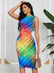 Colorful Plaid Summer Fashion Sleeveless Dress for Women