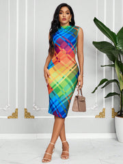 Colorful Plaid Summer Fashion Sleeveless Dress for Women
