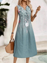 Floral Pattern Print Pocket Pleated V-Neck Casual Women's Summer Dress