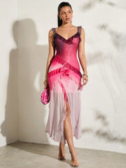 Stylish Sheer Elegance: Asymmetrical Crossed Folding Long Dress with High Side Slit