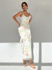 Romantic Holiday Floral Bodycon Dress: Women's Spaghetti Strap Mesh Panel